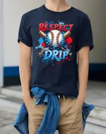 Respect The Drip Baseball Graphic T Shirt With Bold Street Style - model wearing navy tee with hands in pockets