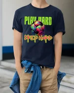 Play Hard Drip Hard Soccer Graphic T Shirt With Neon Street Art - model wearing navy tee with hands in pockets