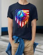 American Drip Baseball Graphic Tee With Bold Patriotic Art Style - model wearing navy tee with hands in pockets