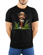 Funny Cartoon Golfer Graphic T Shirt With Playful Golf Humor Art - model wearing black tee with hands behind back
