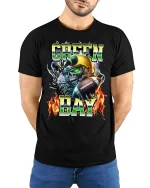 Green Bay Football Skull Graphic Tee With Fierce Game Day Energy - model wearing black tee with hands behind back