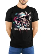 Euphoria Skull Graphic Tee With Cigar Rose Snake Street Art - model wearing black tee with hands behind back