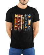 Basketball Legacy Graphic T Shirt With Urban Sports Art Style - model wearing black tee with hands behind back