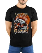 Denver Football Horse Power Graphic T Shirt With Lightning Energy - model wearing black tee with hands behind back