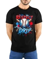 Respect The Drip Baseball Graphic T Shirt With Bold Street Style - model wearing black tee with hands behind back