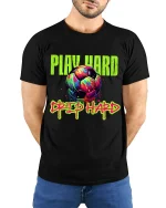 Play Hard Drip Hard Soccer Graphic T Shirt With Neon Street Art - model wearing black tee with hands behind back