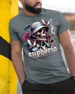 Euphoria Skull Graphic Tee With Cigar Rose Snake Street Art - model wearing grey tee, leaning on column