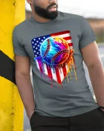 American Drip Baseball Graphic Tee With Bold Patriotic Art Style - model wearing grey tee, leaning on column