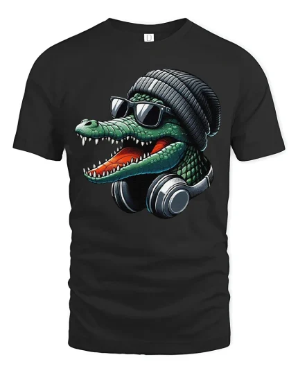 Cool Crocodile DJ Headphones Graphic Tshirt Streetwear Art - black t-shirt on white background