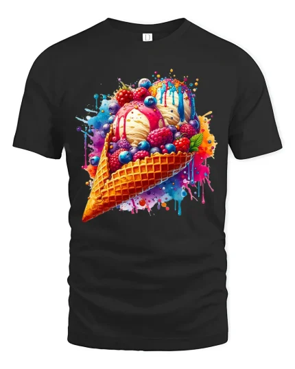Colorful Ice Cream Splash Graphic Tshirt With Sweet Art Vibes - black t-shirt on white background