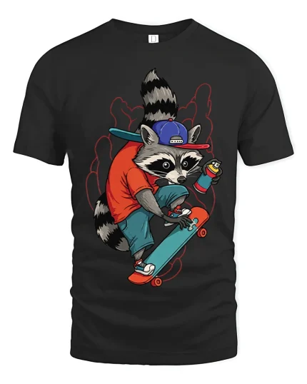 Cool Skateboarding Raccoon Graphic Tshirt With Urban Street Art - black t-shirt on white background