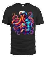 Fierce Octopus Captain Graphic Tshirt With Bold Nautical Power - black t-shirt on white background