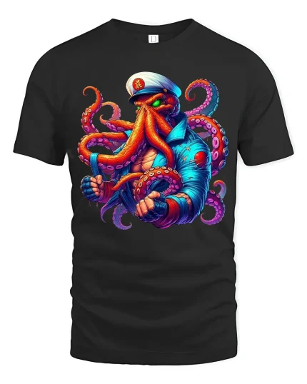 Fierce Octopus Captain Graphic Tshirt With Bold Nautical Power - black t-shirt on white background