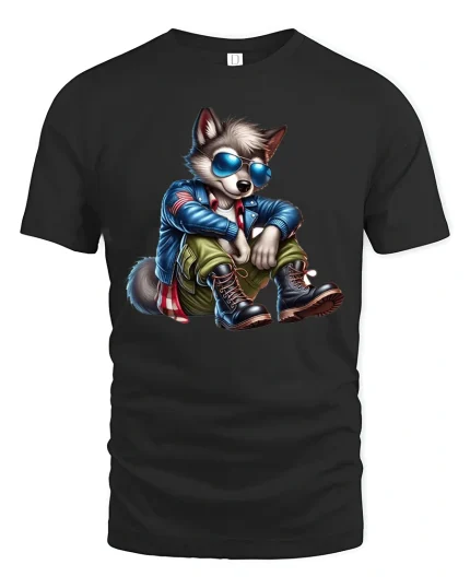 Cool Wolf Biker Graphic Tshirt With Sunglasses Street Style - black t-shirt on white background