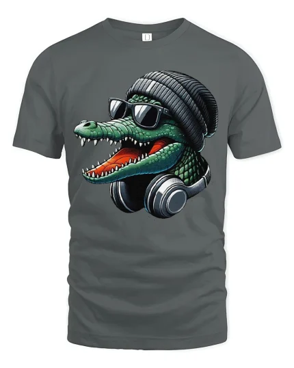 Cool Crocodile DJ Headphones Graphic Tshirt Streetwear Art - gray t-shirt on white background