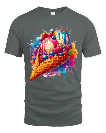 Colorful Ice Cream Splash Graphic Tshirt With Sweet Art Vibes - gray t-shirt on white background