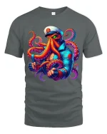 Fierce Octopus Captain Graphic Tshirt With Bold Nautical Power - gray t-shirt on white background