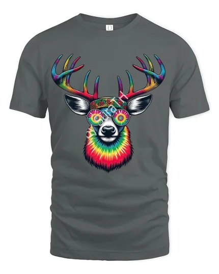 Psychedelic Rainbow Deer Graphic Tshirt With Trippy Art Style - gray t-shirt on white background