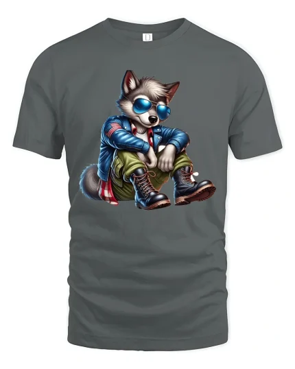 Cool Wolf Biker Graphic Tshirt With Sunglasses Street Style - gray t-shirt on white background