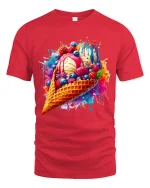Colorful Ice Cream Splash Graphic Tshirt With Sweet Art Vibes - red t-shirt on white background