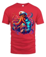 Fierce Octopus Captain Graphic Tshirt With Bold Nautical Power - red t-shirt on white background