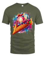 Colorful Ice Cream Splash Graphic Tshirt With Sweet Art Vibes - military green t-shirt on white background
