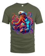 Fierce Octopus Captain Graphic Tshirt With Bold Nautical Power - military green t-shirt on white background