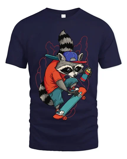 Cool Skateboarding Raccoon Graphic Tshirt With Urban Street Art - navy t-shirt on white background