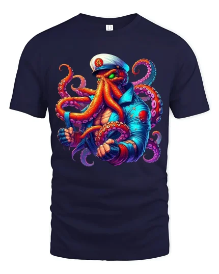 Fierce Octopus Captain Graphic Tshirt With Bold Nautical Power - navy t-shirt on white background