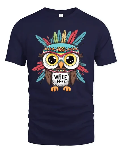 Cute Owl Whee Free Graphic Tshirt With Tribal Feather Style - navy t-shirt on white background