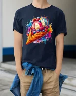 Colorful Ice Cream Splash Graphic Tshirt With Sweet Art Vibes - model wearing navy tee with hands in pockets