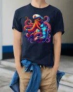 Fierce Octopus Captain Graphic Tshirt With Bold Nautical Power - model wearing navy tee with hands in pockets