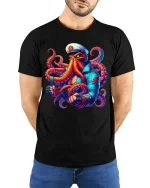 Fierce Octopus Captain Graphic Tshirt With Bold Nautical Power - model wearing black tee with hands behind back