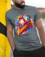 Colorful Ice Cream Splash Graphic Tshirt With Sweet Art Vibes - model wearing grey tee, leaning on column