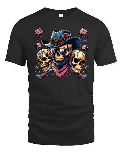 Outlaw Skull Cowboy Dice Graphic Tshirt Bold Western Style - black t-shirt on white background