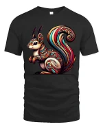 Colorful Tribal Squirrel Art Nature Inspired Graphic Tshirt - black t-shirt on white background