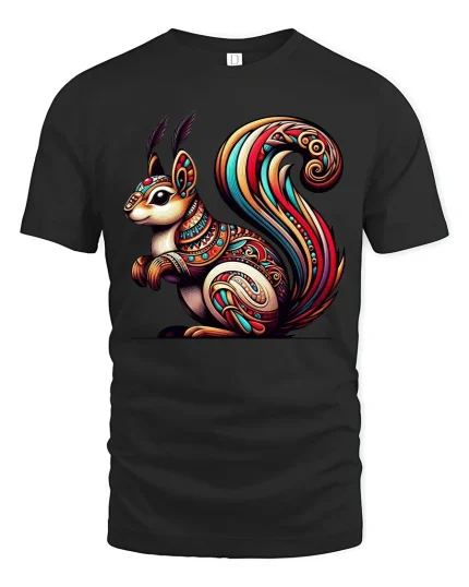 Colorful Tribal Squirrel Art Nature Inspired Graphic Tshirt - black t-shirt on white background