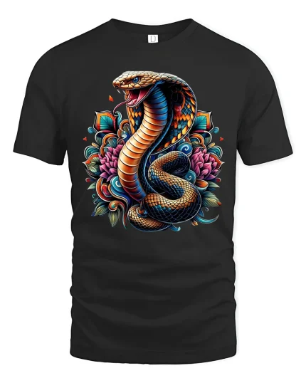 Fierce Floral Cobra Art Graphic Tshirt With Bold Serpent Energy - black t-shirt on white background