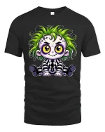 Cute Spooky Green Hair Monster Doll Cartoon Graphic Tshirt - black t-shirt on white background