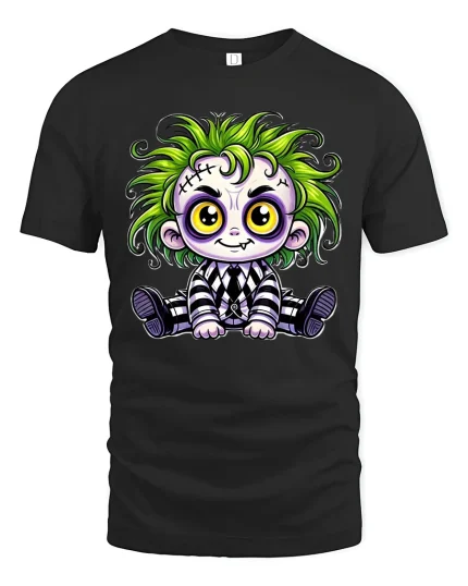 Cute Spooky Green Hair Monster Doll Cartoon Graphic Tshirt - black t-shirt on white background