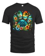 Tropical Dog Mom Paw Print Floral Beach Art Graphic Tshirt - black t-shirt on white background