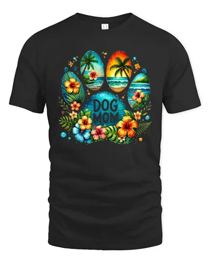Tropical Dog Mom Paw Print Floral Beach Art Graphic Tshirt - black t-shirt on white background