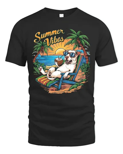 Summer Vibes Relaxed Beach Dog Graphic Tshirt With Tropical Fun - black t-shirt on white background