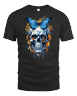 Blue Butterfly Skull Floral Art Graphic Tshirt Dark Fantasy Style - black t-shirt on white background
