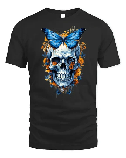 Blue Butterfly Skull Floral Art Graphic Tshirt Dark Fantasy Style - black t-shirt on white background