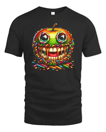 Candy Sprinkle Apple Skull Graphic Tshirt Bold Fun Art Style - black t-shirt on white background