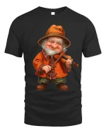 Cheerful Old Fiddler Cartoon Music Graphic Tshirt Cozy Folk Style - black t-shirt on white background