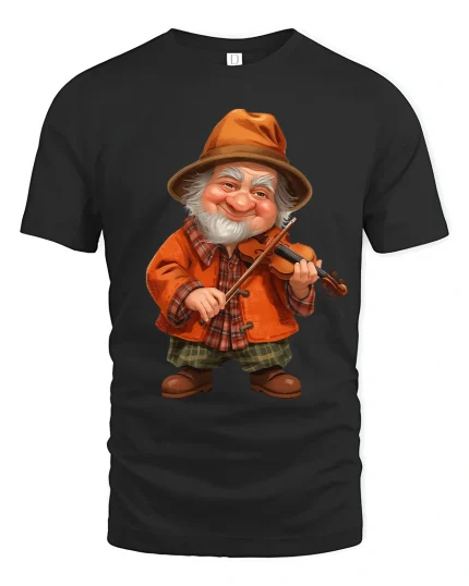Cheerful Old Fiddler Cartoon Music Graphic Tshirt Cozy Folk Style - black t-shirt on white background
