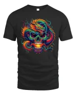Fiery Dragon Skull Fantasy Graphic Tshirt Bold Mythic Art - black t-shirt on white background