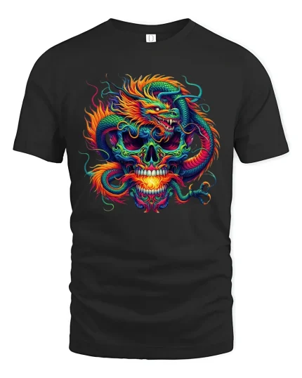 Fiery Dragon Skull Fantasy Graphic Tshirt Bold Mythic Art - black t-shirt on white background